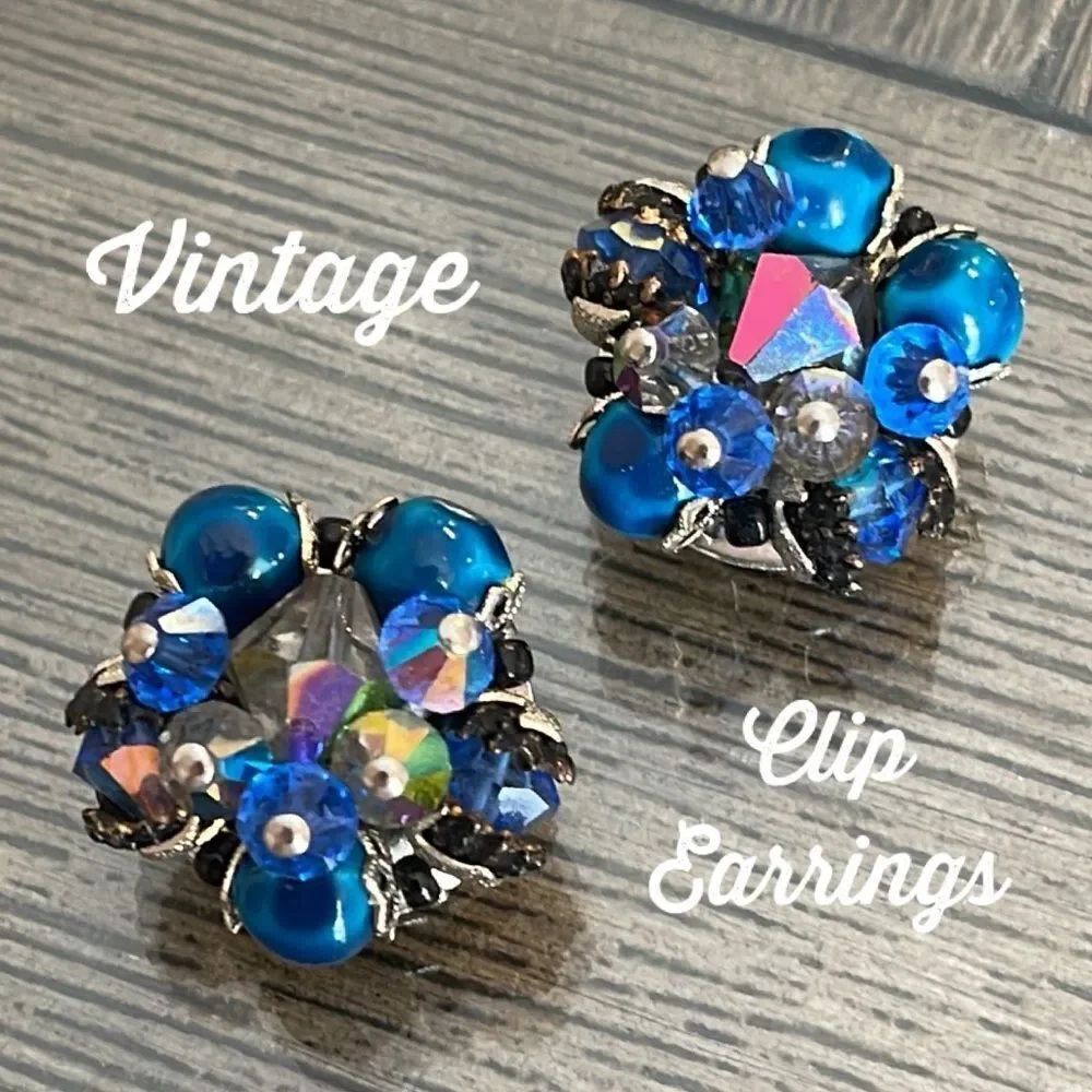 Vintage Blue AB Crystal & Bead Cluster Clip Earrings